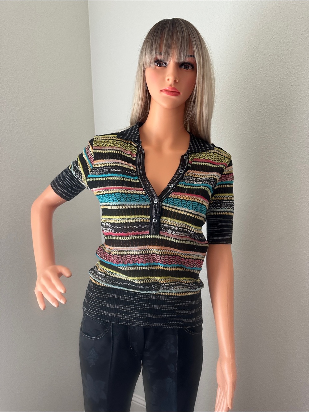 MISSONI Black Multi-Color Striped zig zag Short-Sleeve Knit Polo